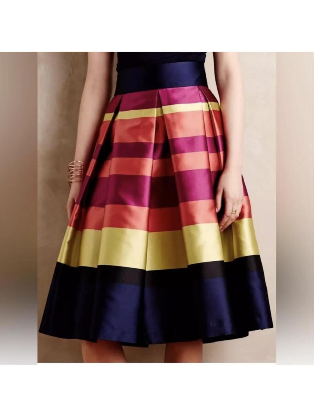 Anthropologie Moulinette Soeurs Midi Skirt A Line Pleated Stripes POCKETS
